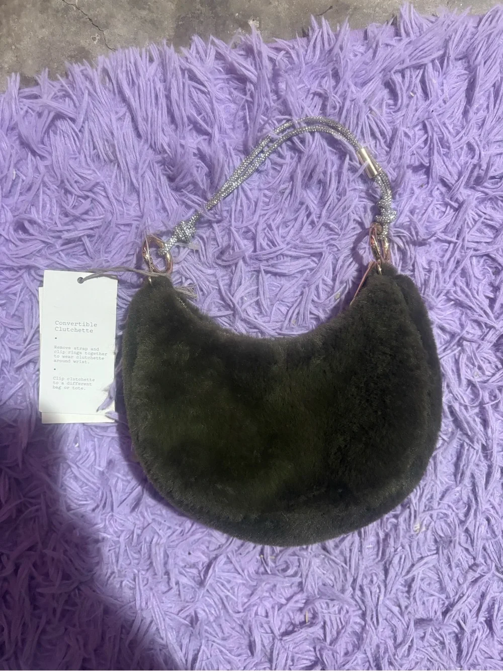 Faux Fur Crescent Shoulder Bag - Olive Green